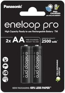 Eneloop Pro AA/Mignon NI-MH Akkus 2500 mAh, wiederaufladbar, ideal für Geräte zu Hause, 2er-Pack, plastikfrei