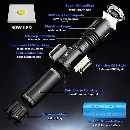 ASORT LED Taschenlampe Mini 5000 Lumen - Extrem hell, aufladbar, IPX6 wasserdicht für Camping und Outdoor-nutzung