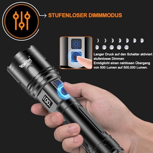 XHM90.2 LED Taschenlampe 500.000 Lumen - Extrem hell, aufladbar & dimmbar für Outdoor Notfälle