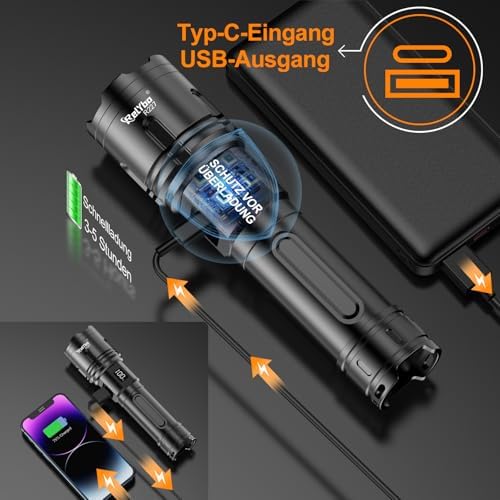 XHM90.2 LED Taschenlampe 500.000 Lumen - Extrem hell, aufladbar & dimmbar für Outdoor Notfälle