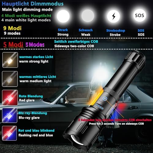 ASORT LED Taschenlampe Mini 5000 Lumen - Extrem hell, aufladbar, IPX6 wasserdicht für Camping und Outdoor-nutzung