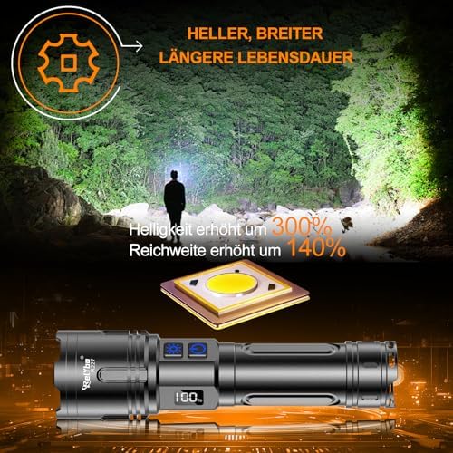 XHM90.2 LED Taschenlampe 500.000 Lumen - Extrem hell, aufladbar & dimmbar für Outdoor Notfälle