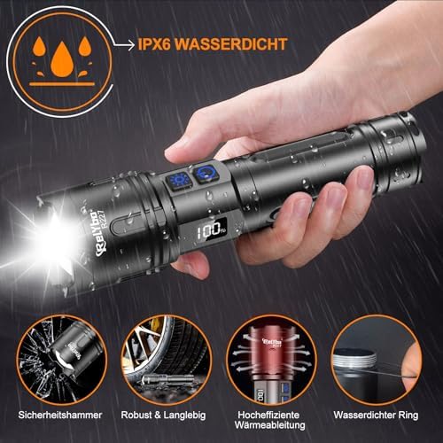 XHM90.2 LED Taschenlampe 500.000 Lumen - Extrem hell, aufladbar & dimmbar für Outdoor Notfälle