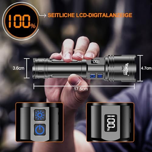 XHM90.2 LED Taschenlampe 500.000 Lumen - Extrem hell, aufladbar & dimmbar für Outdoor Notfälle