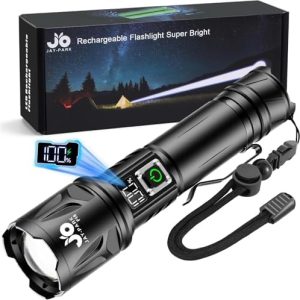 JAY-PARK Taschenlampe 500000 Lumen, Aufladbar mit LCD-Display – Extrem helle LED für Outdoor & Camping!