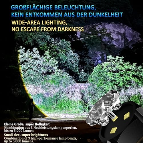 ASORT LED Taschenlampe Mini 5000 Lumen - Extrem hell, aufladbar, IPX6 wasserdicht für Camping und Outdoor-nutzung