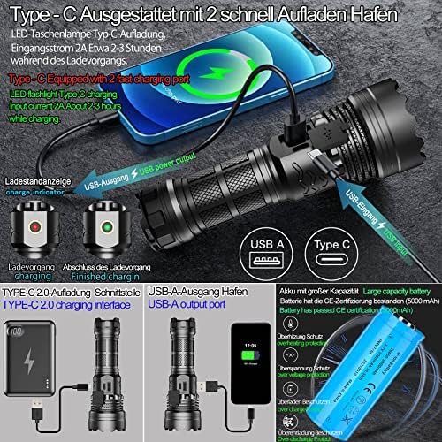 ASORT LED Taschenlampe Mini 5000 Lumen - Extrem hell, aufladbar, IPX6 wasserdicht für Camping und Outdoor-nutzung
